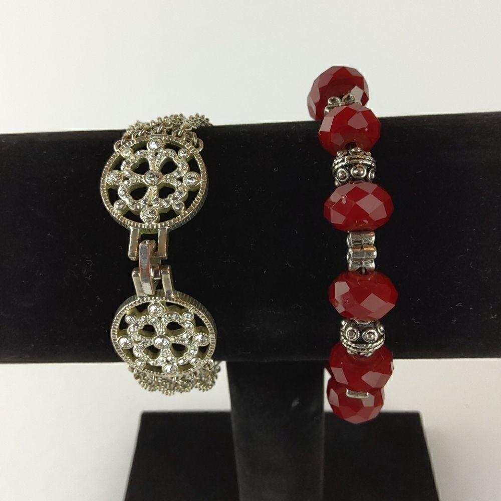 (3/$20) silvertone and faux Ruby bracelets